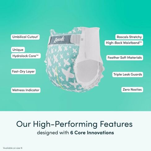 Rascal + Friends New~Born Premium Diapers, Size N, 96 Count, (Pack of 1) (Packaging May Vary) in Kuwait