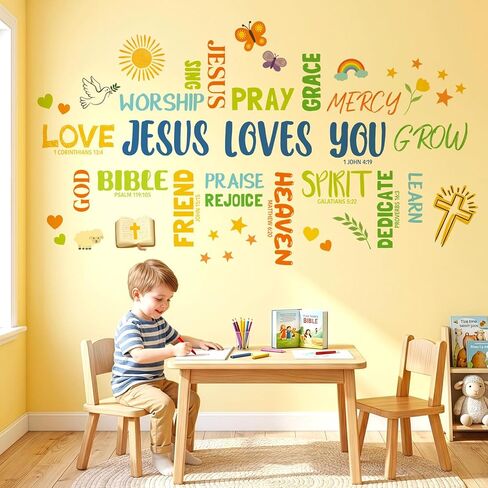ملصقات جدارية من DECOWALL Jesus Loves You - ملصقات حائط آية من الكتاب المقدس المسيحي لغرفة نوم الأطفال، والحضانة، ومدرسة الأحد والفصول الدراسية، وفن جداري إيماني قابل للتقشير واللصق، ومدرسة الكتاب المقدس (DS9-8096) in Kuwait