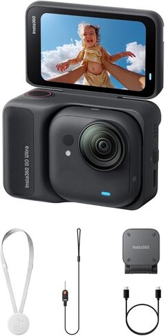 حزمة Insta360 GO Ultra Vlogger - كاميرا تسجيل فيديو صغيرة بدقة 4K، بدون استخدام اليدين، كاميرا POV، مستشعر 1/1.28 بوصة، خفيف الوزن 53 جرام، مجال رؤية 156 درجة، عمر بطارية 200 دقيقة، كاميرا عمل مغناطيسية يمكن ارتداؤها للرياضة، مدونة فيديو in Kuwait