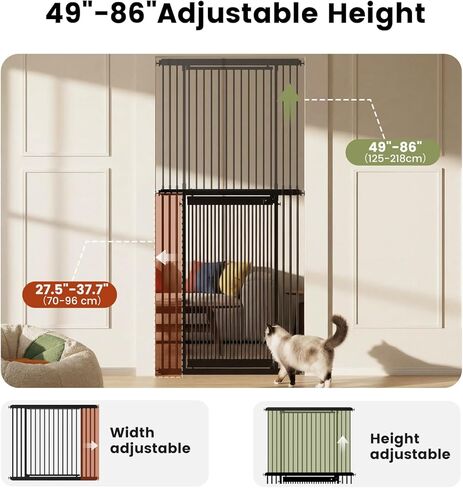 بوابة قطط طويلة جدًا من Gardner Pet بارتفاع 49 بوصة - 86 بوصة ارتفاع قابل للتعديل، بوابة طويلة للحيوانات الأليفة للمداخل/الممرات مع بوابة أطفال بعرض 27.5 بوصة - 37 بوصة قابلة للتعديل مع 4 مجموعات تمديد، بدون تثبيت بالضغط على الحفر (أسود) in Kuwait