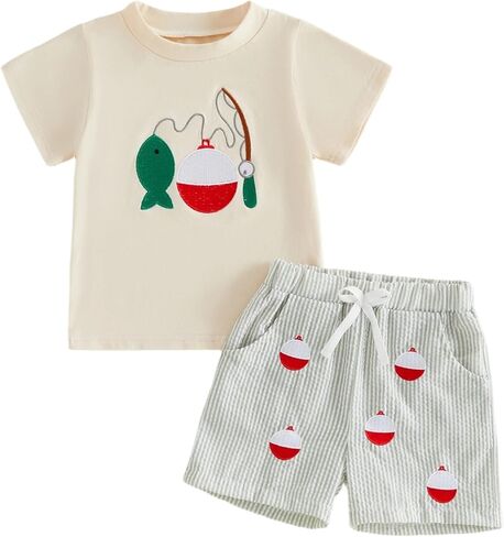 Toddler Baby Boy Fishing Outfit Short Sleeve T-Shirt & Shorts Set Fish Lure Embroidery 2Pcs Summer Clothes in Kuwait