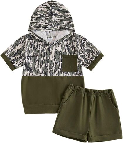 allshope Toddler Baby Boy Camo Outfits Short Sleeve Hooded Patchwork Tops Shorts Set Little Kids Hunting Summer Clothes in Saudi Arabia