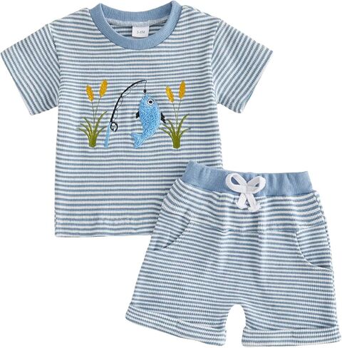 Yoawdats Toddler Boys Summer Outfits Adorable Fish Print Short Sleeve Round Neck Tops and Striped Shorts Set in Kuwait