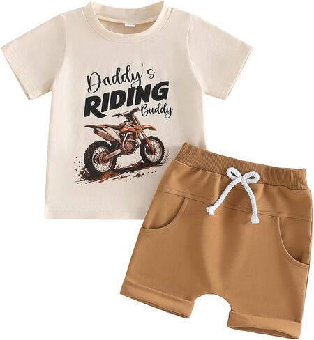 Bagilaanoe Toddler Baby Boy Short Sleeve T-Shirt and Shorts Set Motorcycle/Truck Graphic Letter Print Clothes in Kuwait