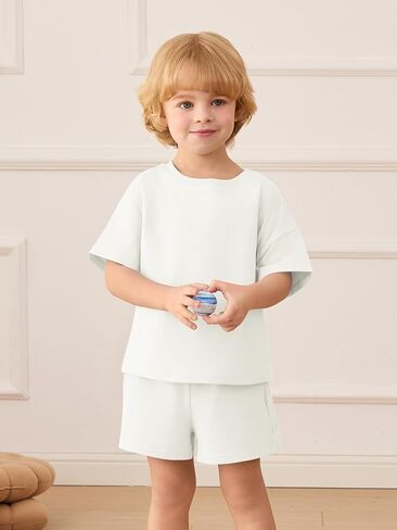 Haloumoning Toddler Baby Boy 2 Piece Outfits Kids Short Sleeve T-Shirts Elastic Waist Shorts Summer Clothing Sets 9M-8Y in Saudi Arabia