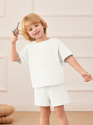 Haloumoning Toddler Baby Boy 2 Piece Outfits Kids Short Sleeve T-Shirts Elastic Waist Shorts Summer Clothing Sets 9M-8Y in Saudi Arabia