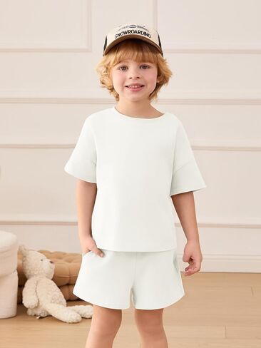Haloumoning Toddler Baby Boy 2 Piece Outfits Kids Short Sleeve T-Shirts Elastic Waist Shorts Summer Clothing Sets 9M-8Y in Saudi Arabia