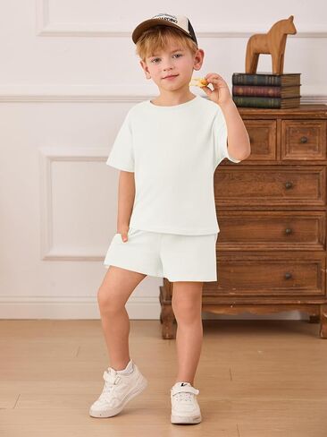 Haloumoning Toddler Baby Boy 2 Piece Outfits Kids Short Sleeve T-Shirts Elastic Waist Shorts Summer Clothing Sets 9M-8Y in Saudi Arabia