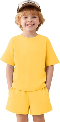 Haloumoning Toddler Baby Boy 2 Piece Outfits Kids Short Sleeve T-Shirts Elastic Waist Shorts Summer Clothing Sets 9M-8Y in Saudi Arabia