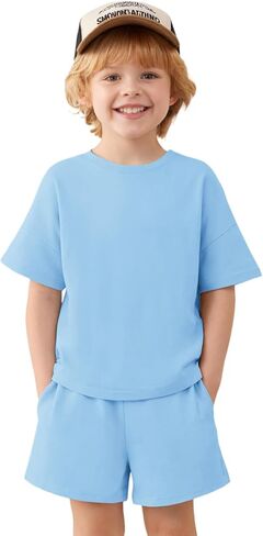 Haloumoning Toddler Baby Boy 2 Piece Outfits Kids Short Sleeve T-Shirts Elastic Waist Shorts Summer Clothing Sets 9M-8Y in Saudi Arabia