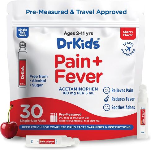 Dr. Kids Children's Pain and Fever Acetaminophen, Pre-Measured Single-Use Vials, Free from, Travel Compliant, 3.4 Fl Oz (20 Count) in Saudi Arabia