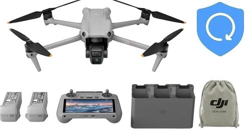 مجموعة DJI Air 3 Fly More Combo مع DJI RC 2، (بما في ذلك خطة رعاية NYC لمدة عام واحد) بدون طيار مع كاميرا 4K، كاميرات أساسية مزدوجة، 3 بطاريات لوقت طيران ممتد، صورة 48 ميجابكسل، نقل فيديو بحد أقصى 20 كم، متوافق مع معرف التحكم عن بعد FAA in Kuwait