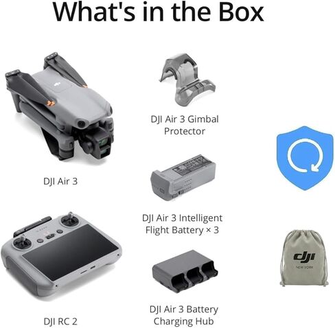 مجموعة DJI Air 3 Fly More Combo مع DJI RC 2، (بما في ذلك خطة رعاية NYC لمدة عام واحد) بدون طيار مع كاميرا 4K، كاميرات أساسية مزدوجة، 3 بطاريات لوقت طيران ممتد، صورة 48 ميجابكسل، نقل فيديو بحد أقصى 20 كم، متوافق مع معرف التحكم عن بعد FAA in Kuwait