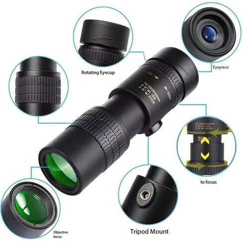10-300X40mm Zoom Monocular Telescope, High Power Compact Monocular with Green Coated Lens, Waterproof Fog-Proof Scope(Black) in Kuwait