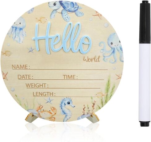 Baby Announcement Sign, 5.9 Inch Wooden Hello World Newborn Sign,Welcome Baby Signs,Birth Announcement Signs,Newborn Name Personalized for Photo Prop Ocean Theme Design Hospital Nursery in Saudi Arabia