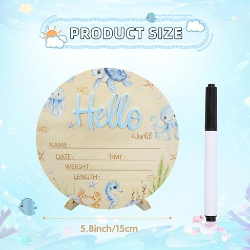 Baby Announcement Sign, 5.9 Inch Wooden Hello World Newborn Sign,Welcome Baby Signs,Birth Announcement Signs,Newborn Name Personalized for Photo Prop Ocean Theme Design Hospital Nursery in Saudi Arabia