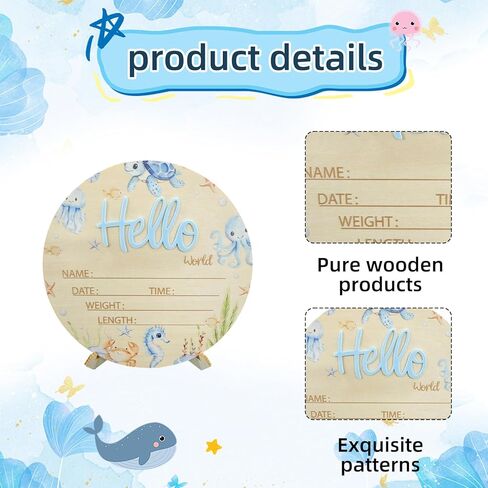 Baby Announcement Sign, 5.9 Inch Wooden Hello World Newborn Sign,Welcome Baby Signs,Birth Announcement Signs,Newborn Name Personalized for Photo Prop Ocean Theme Design Hospital Nursery in Saudi Arabia