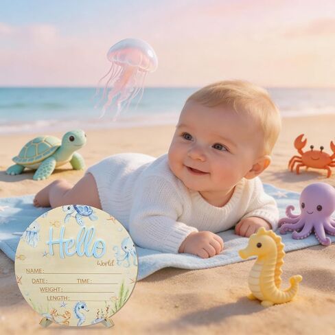Baby Announcement Sign, 5.9 Inch Wooden Hello World Newborn Sign,Welcome Baby Signs,Birth Announcement Signs,Newborn Name Personalized for Photo Prop Ocean Theme Design Hospital Nursery in Saudi Arabia