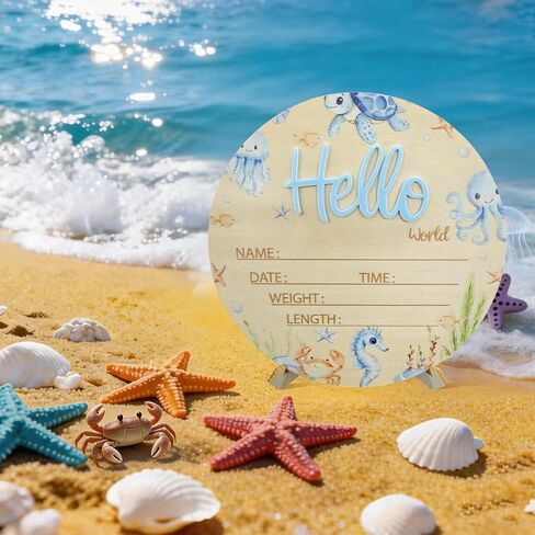 Baby Announcement Sign, 5.9 Inch Wooden Hello World Newborn Sign,Welcome Baby Signs,Birth Announcement Signs,Newborn Name Personalized for Photo Prop Ocean Theme Design Hospital Nursery in Saudi Arabia