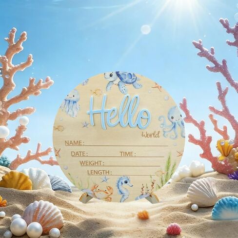 Baby Announcement Sign, 5.9 Inch Wooden Hello World Newborn Sign,Welcome Baby Signs,Birth Announcement Signs,Newborn Name Personalized for Photo Prop Ocean Theme Design Hospital Nursery in Saudi Arabia