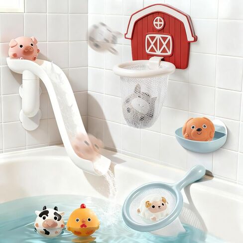 No-Hole Farm Bath Toys for Toddlers 1-3 | Slide, Basketball Hoop & 6 Animal Set | Easy to Clean & Dry Bathtub Play Gifts for Boys Girls in Kuwait