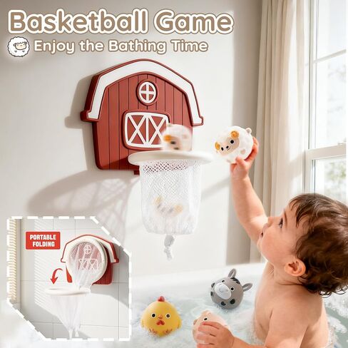 No-Hole Farm Bath Toys for Toddlers 1-3 | Slide, Basketball Hoop & 6 Animal Set | Easy to Clean & Dry Bathtub Play Gifts for Boys Girls in Kuwait