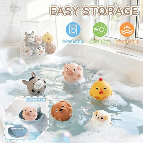 No-Hole Farm Bath Toys for Toddlers 1-3 | Slide, Basketball Hoop & 6 Animal Set | Easy to Clean & Dry Bathtub Play Gifts for Boys Girls in Kuwait
