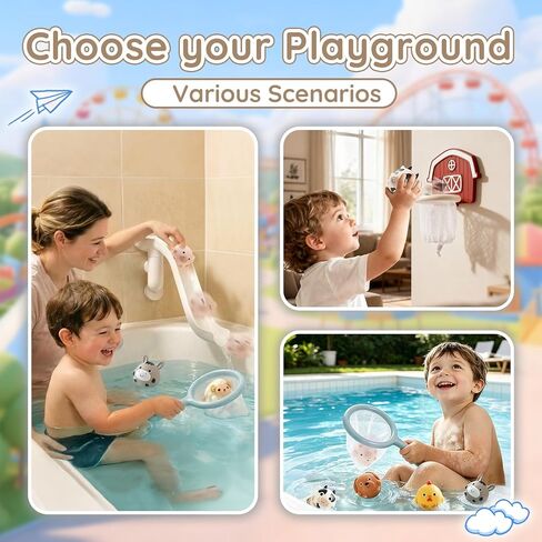 No-Hole Farm Bath Toys for Toddlers 1-3 | Slide, Basketball Hoop & 6 Animal Set | Easy to Clean & Dry Bathtub Play Gifts for Boys Girls in Kuwait