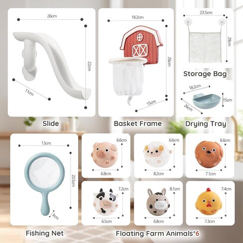 No-Hole Farm Bath Toys for Toddlers 1-3 | Slide, Basketball Hoop & 6 Animal Set | Easy to Clean & Dry Bathtub Play Gifts for Boys Girls in Kuwait