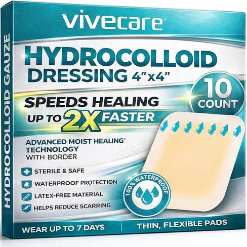 ViveCare Hydrocolloid Bandages 6x6 - Large Sterile Hydrocolloid Dressing - Hydrocolloid Wound & Pressure Sore Patches - Waterproof Hydrocolloid Bandaid for Blister, Burns, Bed Sores, & Ulcer - 5 Pack in Saudi Arabia