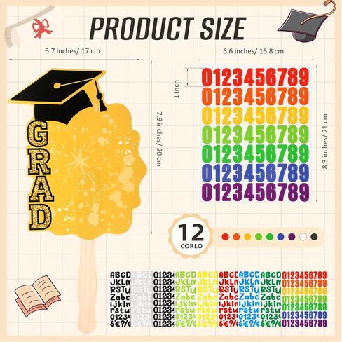 12 Pcs Graduation DIY Paper Fans Handheld Set Grad Face Fans with Number Alphabet Stickers Class of 2026 Grad Photo Props for Graduates Gifts Graduation Party Souvenirs Supplies in Kuwait