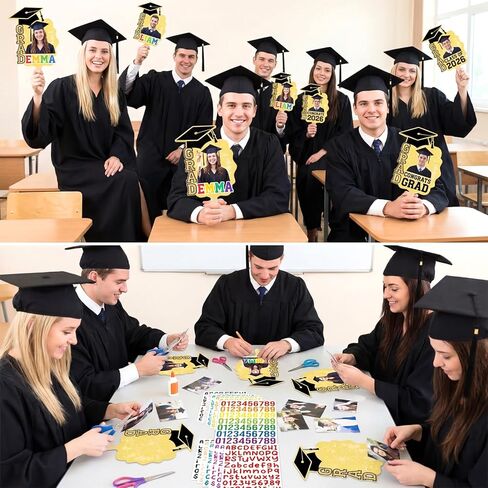 12 Pcs Graduation DIY Paper Fans Handheld Set Grad Face Fans with Number Alphabet Stickers Class of 2026 Grad Photo Props for Graduates Gifts Graduation Party Souvenirs Supplies in Kuwait