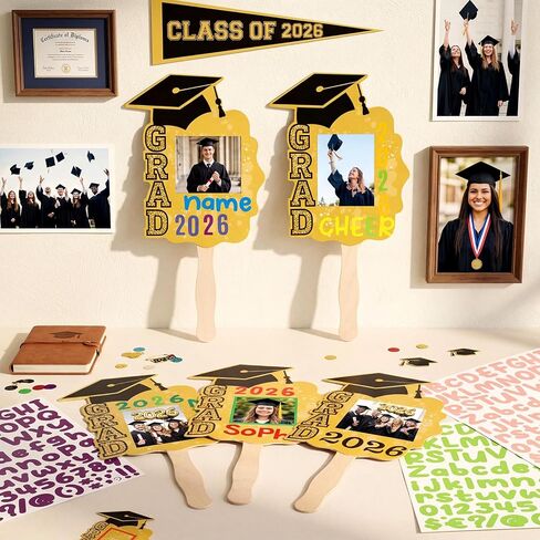 12 Pcs Graduation DIY Paper Fans Handheld Set Grad Face Fans with Number Alphabet Stickers Class of 2026 Grad Photo Props for Graduates Gifts Graduation Party Souvenirs Supplies in Kuwait