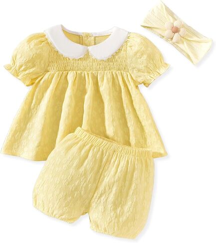 Baby Girl Summer Outfits Smocked Tops Shorts Set With Headband 3-24 Months in Saudi Arabia