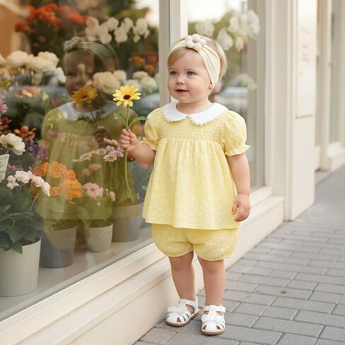 Baby Girl Summer Outfits Smocked Tops Shorts Set With Headband 3-24 Months in Saudi Arabia