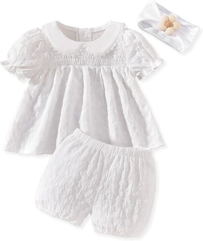 Baby Girl Summer Outfits Smocked Tops Shorts Set With Headband 3-24 Months in Saudi Arabia
