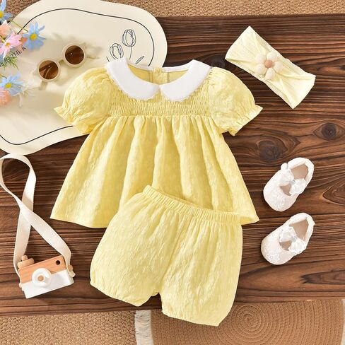Baby Girl Summer Outfits Smocked Tops Shorts Set With Headband 3-24 Months in Saudi Arabia