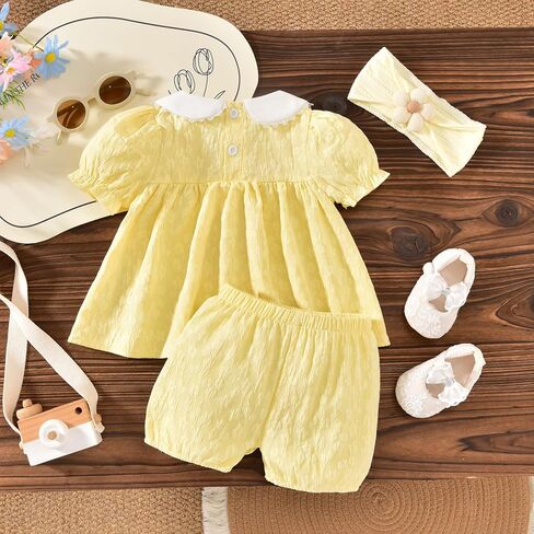 Baby Girl Summer Outfits Smocked Tops Shorts Set With Headband 3-24 Months in Saudi Arabia