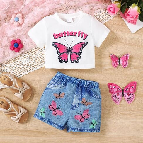 Baby Girls' 2 Piece Summer Outfit Infant White Butterfly Print Crop Top + Faux Denim Shorts Set, Casual Clothes for 3–12M in Kuwait