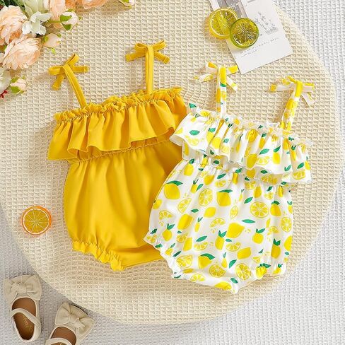 Baby Girl 2 Pack Ruffle Tie Strap Bubble Rompers One Piece Infant Outfit Newborn in Kuwait
