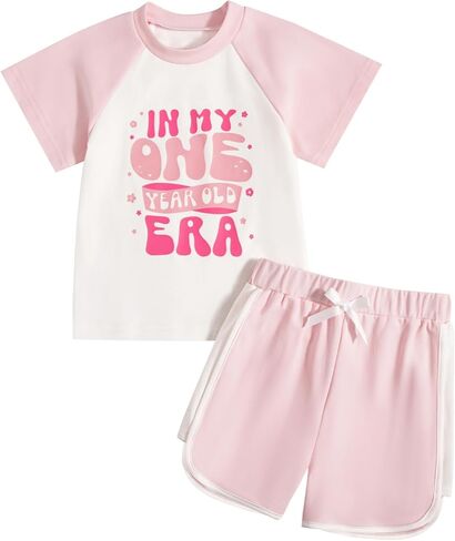 Baby Girl First Birthday outfit Gifts In My One Year Old Era 1st Birthday Summer Short Clothes + Shorts Set in Kuwait