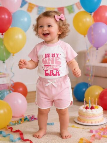 Baby Girl First Birthday outfit Gifts In My One Year Old Era 1st Birthday Summer Short Clothes + Shorts Set in Kuwait