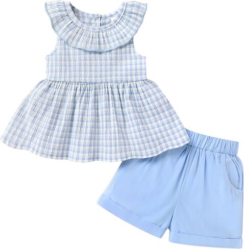 Happy Town Toddler Baby Girl Clothes Summer Sleeveless Ruffle Plaid Top Casual Shorts Set Cute 2pcs Outfits in Saudi Arabia