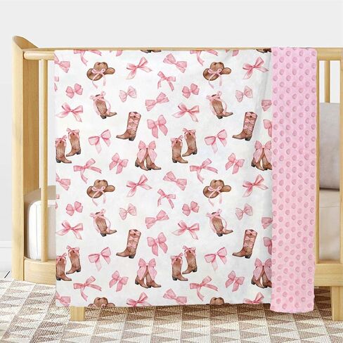 Coquette Boots Bows Baby بطانية للفتيات، طبقة مزدوجة ناعمة من Minky مع دعم منقط، حضانة أطفال صغيرة ذات طابع راعية البقر الغربية، سرير أطفال حديثي الولادة، بطانيات استقبال، 30 بوصة × 40 بوصة in Kuwait