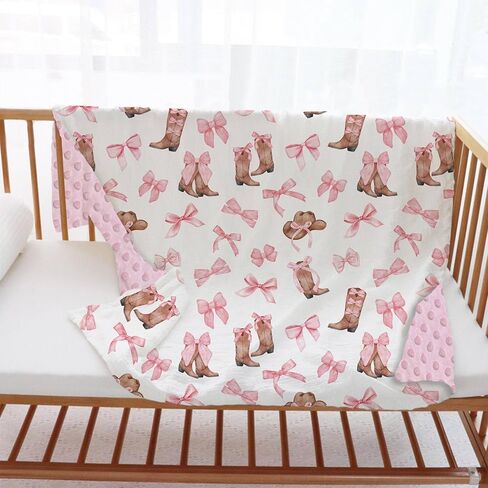 Coquette Boots Bows Baby بطانية للفتيات، طبقة مزدوجة ناعمة من Minky مع دعم منقط، حضانة أطفال صغيرة ذات طابع راعية البقر الغربية، سرير أطفال حديثي الولادة، بطانيات استقبال، 30 بوصة × 40 بوصة in Kuwait