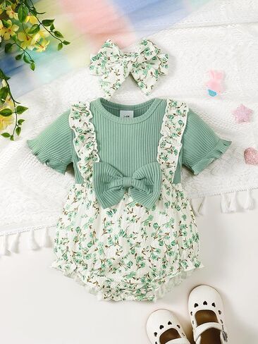 Baby Girl Ribbed Bodysuit Floral Bubble Romper with Bow and Headband Infant Outfit Set in Kuwait
