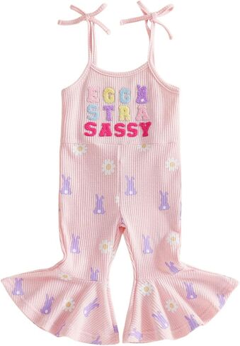 Kupretty Toddler Girl Overalls Baby Girl Summer Clothes Sleeveless Bell-Bottom One Piece Romper Jumpsuit Pants Cute Outfit in Saudi Arabia