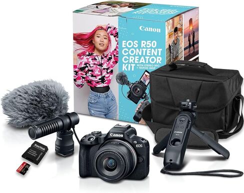 مجموعة إنشاء المحتوى Canon EOS R50، كاميرا هجينة بدون مرآة مع RF-S18-45mm F4.5-6.3 هي عدسة STM، مقبض ثلاثي القوائم، ميكروفون، جهاز تحكم عن بعد لاسلكي، Sandisk Extreme PRO 64 جيجابايت، حقيبة حمل الكاميرا in Kuwait
