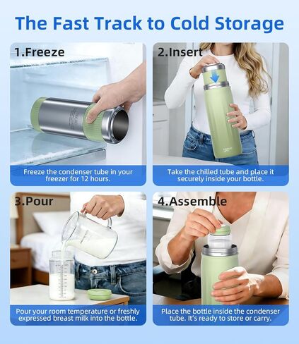 22oz Stainless Steel Breastmilk Cooler - 24Hrs Portable Breast Milk Chiller for Travel, Includes 2 BPA-Free Baby Bottles &10 Storage Bags, Leakproof Thermal Container for Working Moms, Green in Kuwait