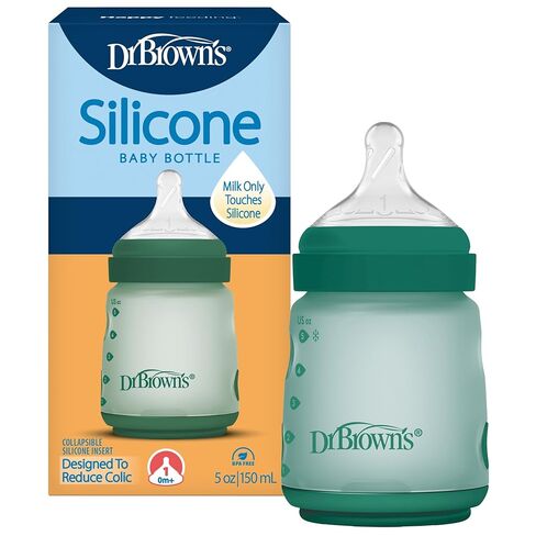 Dr. Brown's Silicone Baby Bottle with Collapsible Insert Designed to Reduce Colic, 5 oz with Wide-Neck Level 1 Slow Flow Nipple, 0m+, Green in Kuwait